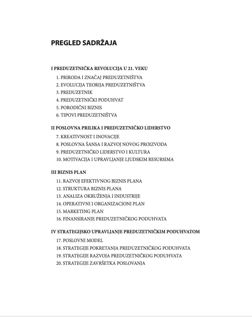 Pregled sadrzaja knjiga Preduzetništvo, lista