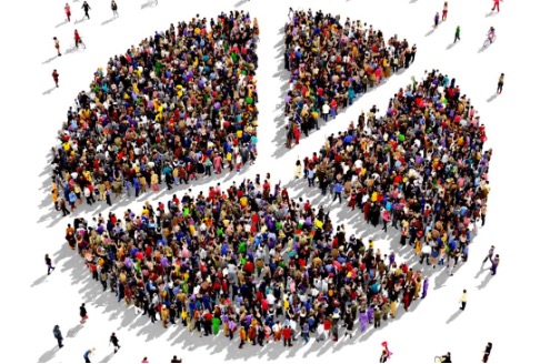 Dijagram pašteta prikazuje izdeljeno tržište na segmente, sa ljudima sitnim figuricama